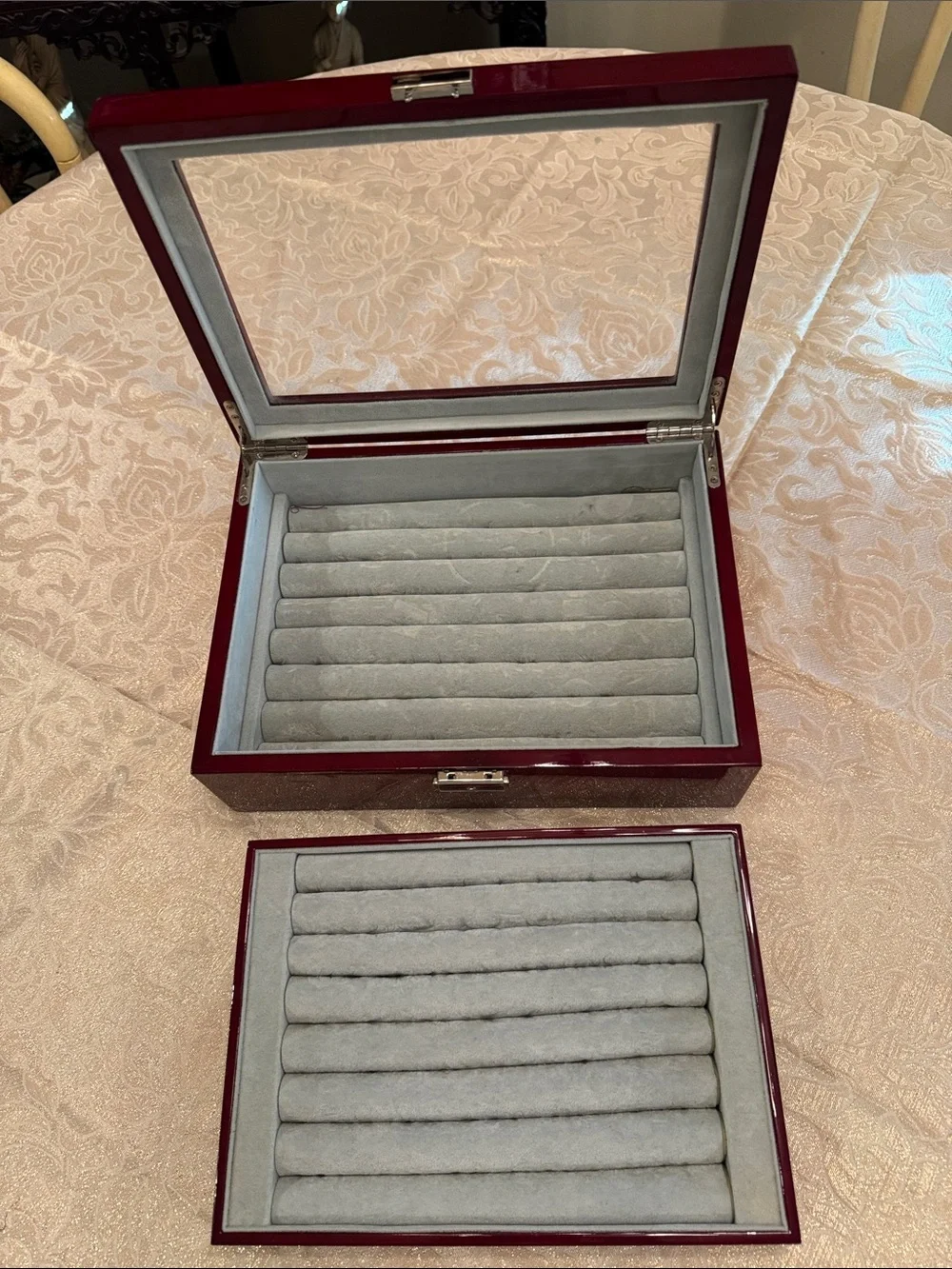 Double Layer Glass-Top Mahogany Cufflink and Ring Felt Bottom Jewelry Box